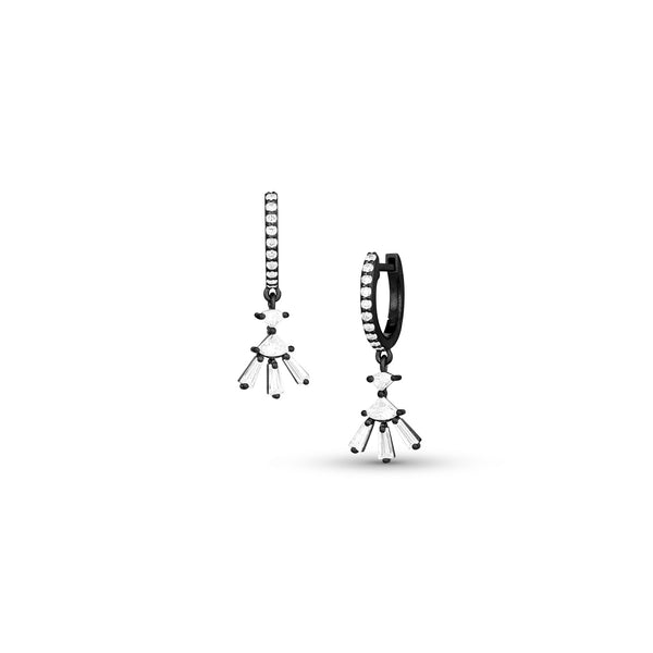 specialty cut diamond petite sunburst drop earring on hinged huggie hoop, <br>in 18k black gold, <br>0.70ct